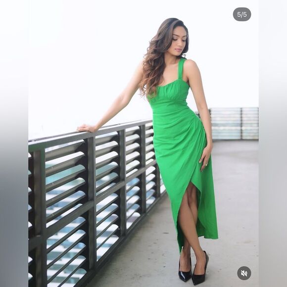 Zara Linen Blend Draped Green Dress New - Picture 5 of 10